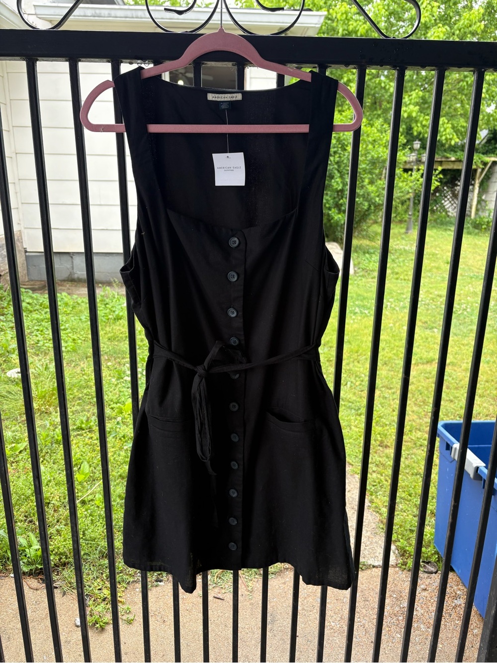 American Eagle Outfitters Black Button-Front Midi Dress with Tie Belt